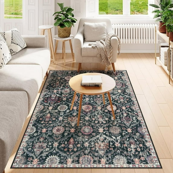 Moynesa 4'x6' Moroccan Machine Washable Rug,4X6FT Rugs for Living Room Non-Slip Bedroom Rug Vintage Trellis Rug Ultra-Thin Throw Distressed Large Carpet for Dining Room Office Black