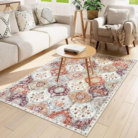 Moynesa 4'x6' Moroccan Machine Washable Rug,4X6FT Rugs for Living Room Non-Slip Bedroom Rug Vintage Trellis Rug Ultra-Thin Throw Distressed Large Carpet for Dining Room Office Orange