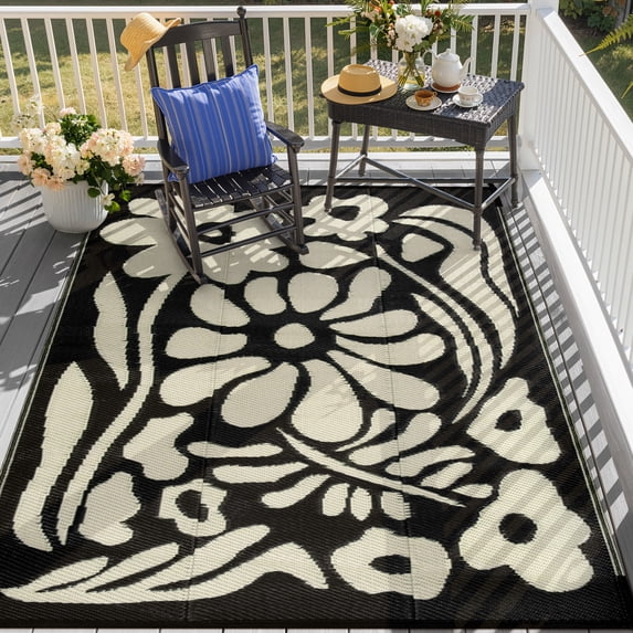 Moynesa 4'x6' Outdoor Rugs Waterproof, Plastic Straw RV Rugs for Outside, Large Portable RV Outdoor Rugs for Camping, Reversible Flower Picnic Mat for Camper Garden Tent
