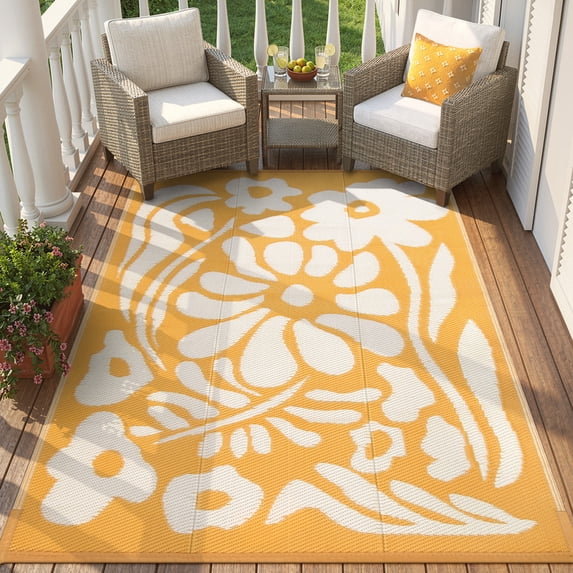 Moynesa 4'x6' Outdoor Rugs Waterproof, Plastic Straw RV Rugs for Outside, Large Portable RV Outdoor Rugs for Camping, Reversible Flower Picnic Mat for Camper Garden Tent