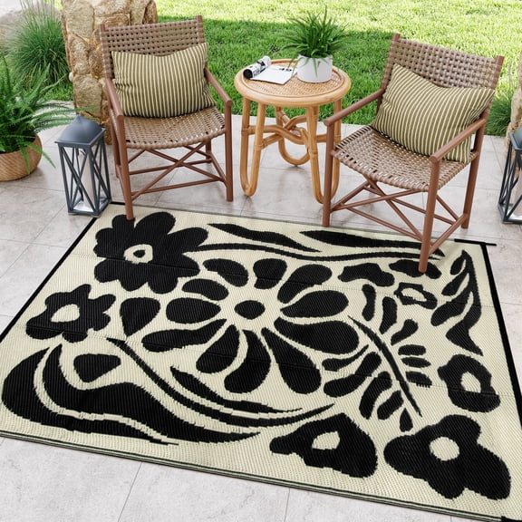 Moynesa 4'x6' Outdoor Rugs Waterproof, Plastic Straw RV Rugs for Outside, Large Portable RV Outdoor Rugs for Camping, Reversible Flower Picnic Mat for Camper Garden Tent