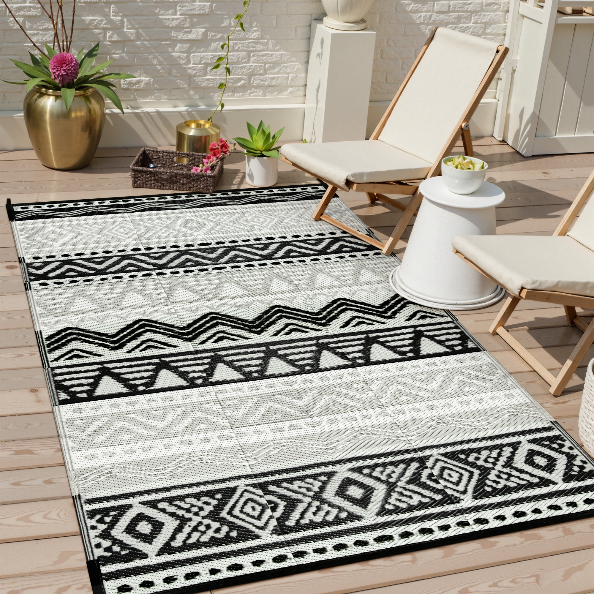 The Coupon deal of  Moynesa Outdoor Rug Waterproof, 4'x6' Lightweight Plastic Straw Rug for Camping RV, Reversible Outside Carpet for Patio Deck Porch Balcony Picnic Tent, Black/Gray