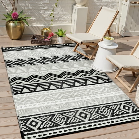 Moynesa Outdoor Rug Waterproof, 4'x6' Lightweight Plastic Straw Rug for Camping RV, Reversible Outside Carpet for Patio Deck Porch Balcony Picnic Tent, Black/Gray