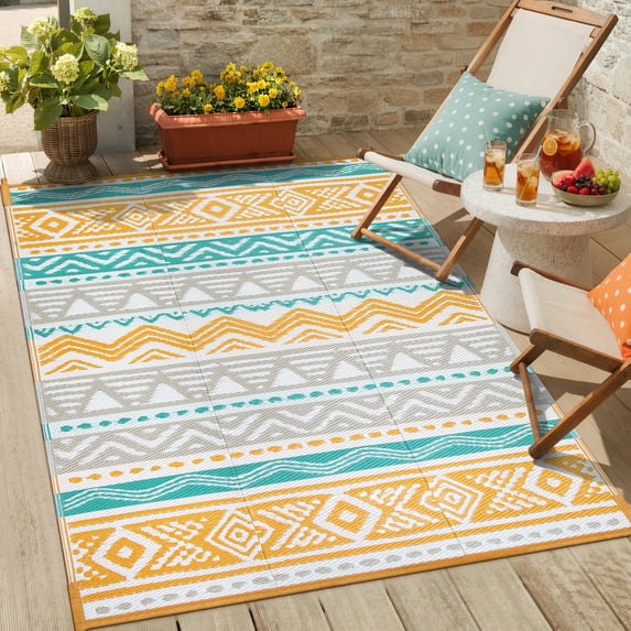 Moynesa Outdoor Rug Waterproof, 4'x6' Lightweight Plastic Straw Rug for Camping RV, Reversible Outside Carpet for Patio Deck Porch Balcony Picnic Tent, Blue/Yellow
