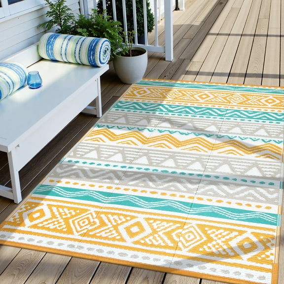 Moynesa Outdoor Rug Waterproof, 4'x6' Lightweight Plastic Straw Rug for Camping RV, Reversible Outside Carpet for Patio Deck Porch Balcony Picnic Tent, Blue/Yellow