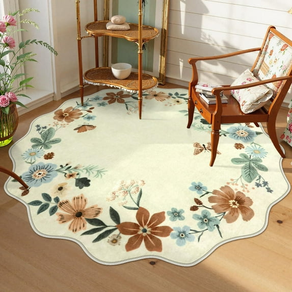 Moynesa 5' Floral Round Area Rug, Washable Rugs for Bedroom Ultra-Thin Soft Rug, Non-Slip Boho Circle Carpet for Living Room Bathroom Nursery Kitchen,Beige