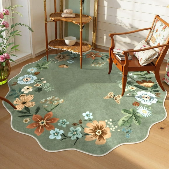 Moynesa 5' Floral Round Area Rug, Washable Rugs for Bedroom Ultra-Thin Soft Rug, Non-Slip Boho Circle Carpet for Living Room Bathroom Nursery Kitchen,Green