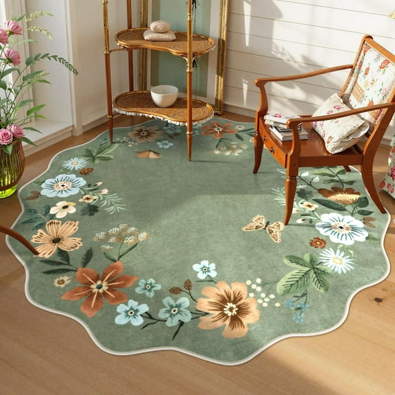 Moynesa 5' Floral Round Area Rug, Washable Rugs for Bedroom Ultra-Thin Soft Rug, Non-Slip Boho Circle Carpet for Living Room Bathroom Nursery Kitchen,Green