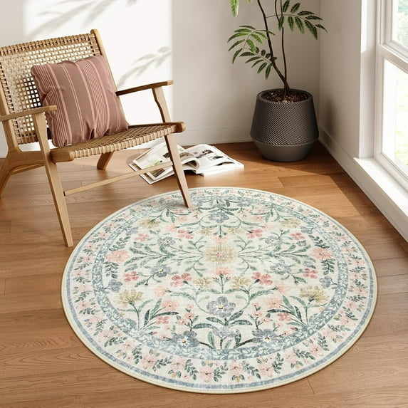 Moynesa 5'Round Boho Light Beige Rug, Washable Small Circle Rugs for Bedroom, Circular Rug, Soft Non-Slip Round Carpet for Sunroom,Biege