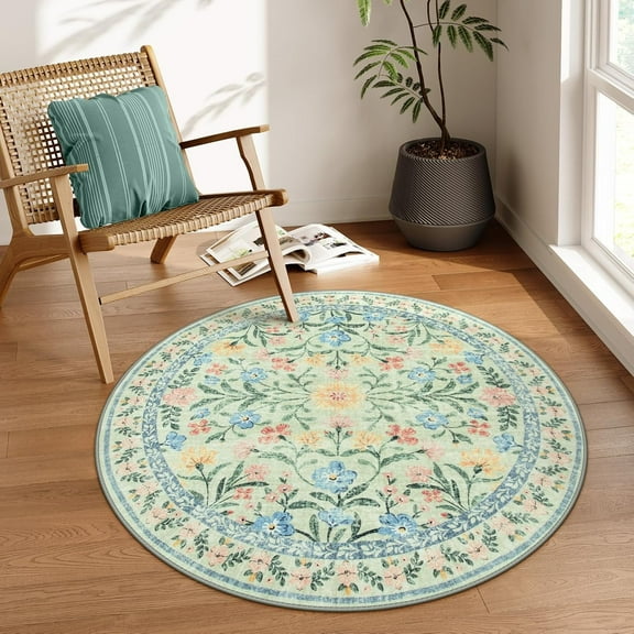 Moynesa 5'Round Boho Light Green Rug, Washable Small Circle Rugs for Bedroom,Nursery Circular Rug Girl, Soft Non-Slip Round Carpet for Kids Sunroom,Green