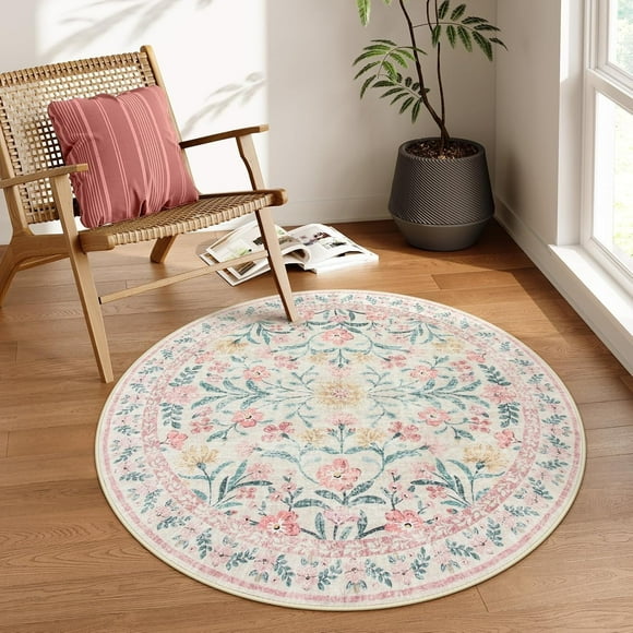 Moynesa 5'Round Boho Light Pink Rug, Washable Small Circle Rugs for Bedroom, Pink and Green Nursery Circular Rug Girl, Soft Non-Slip Round Carpet for Kids Sunroom,Pink