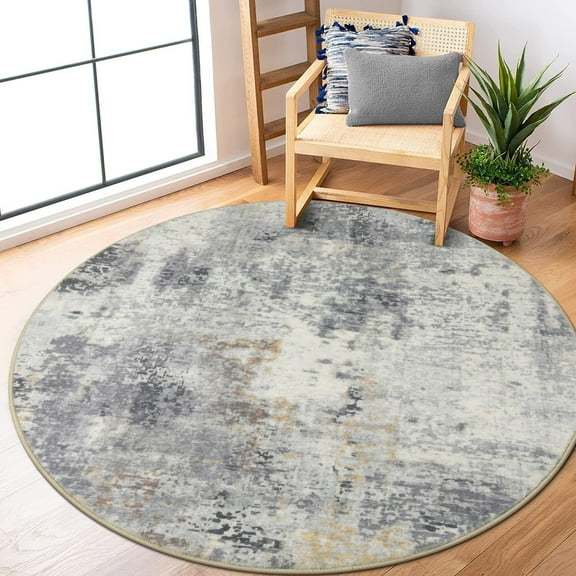 Moynesa 5'Round Modern Abstract Round Rug,Gray Kitchen Rugs Soft Bedroom Circle Rugs Washable Living Room Mat, Contemporary Large Indoor Office Carpet for Mudroom Kitchen Apartment Basement