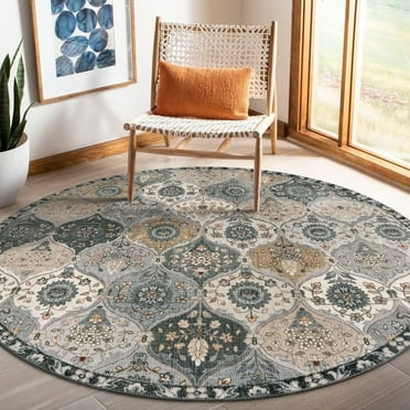 Moynesa 5'Round Moroccan Trellis Washable Rug - Round Rug 5ft Soft Non-Slip Circle Area Rugs for Bedroom Non-Shedding Distressed Throw Carpet for Living Room Bathroom Nursery Kitchen Gray