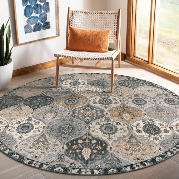 Moynesa 5'Round Moroccan Trellis Washable Rug - Round Rug 5ft Soft Non-Slip Circle Area Rugs for Bedroom Non-Shedding Distressed Throw Carpet for Living Room Bathroom Nursery Kitchen Gray