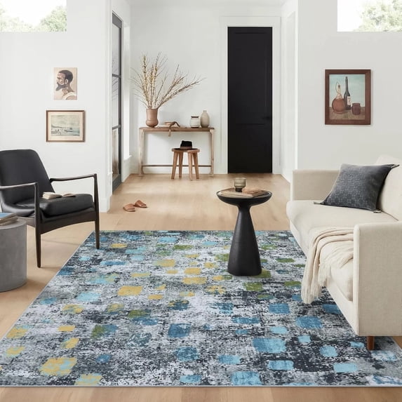 Moynesa 5'x7' Abstract Area Rugs, Washable Rug for Bedroom Ultra-Thin Non Slip Boho Living Room Rugs, Stain Resistant Indoor Non-Shedding Throw Carpet for Dining Room Kitchen Office,Blue