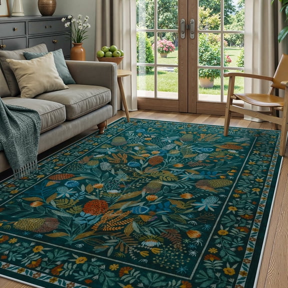 Moynesa 5'x7' Area Rugs for Living Room, Teal Botanical Floral Washable Rugs for Bedroom Non-Slip Soft Modern Natural Rugs for Dining Room, Stain Resistant Accent Carpet for Dorm Apartment