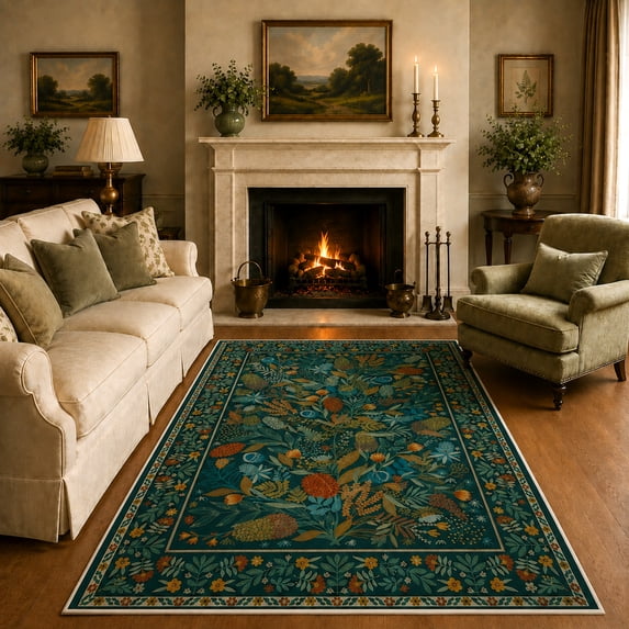 Moynesa 5'x7' Area Rugs for Living Room, Teal Botanical Floral Washable Rugs for Bedroom Non-Slip Soft Modern Natural Rugs for Dining Room, Stain Resistant Accent Carpet for Dorm Apartment
