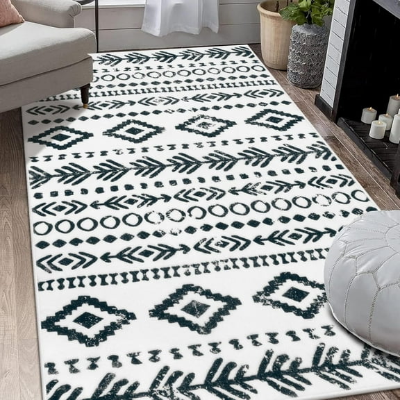Moynesa 5'x7' Bohemian Moroccan Area Rugs 5x7ft,Washable White Black Entryway Rug Non-Slip,Low-Pile Soft Tribal Geometric Carpet for Living Room Indoor Entry Office Bedside