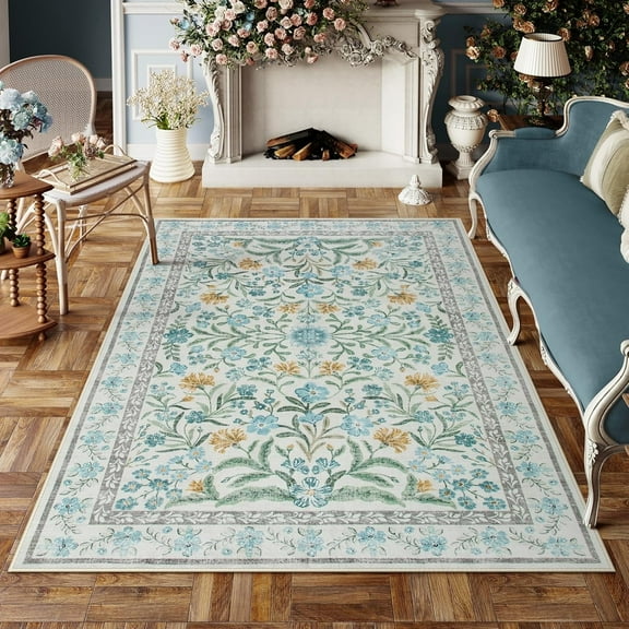 Moynesa 5'x7' Boho Purple Floral Area Rugs, Machine Washable Area Rugs for Living Room, Rugs for Bedroom, Soft Non-Slip Rug for Dining Room, Blue
