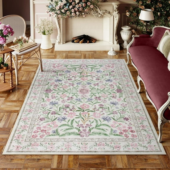 Moynesa 5'x7' Boho Purple Floral Area Rugs, Machine Washable Area Rugs for Living Room, Rugs for Bedroom, Soft Non-Slip Rug for Dining Room, Pale Lilac