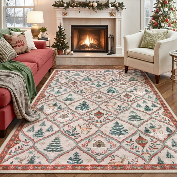 Moynesa 5'x7' Christmas Area Rug for Living Room, Beige Rug Xmas Tree Modern Rug Kitchen Rug Washable Rug Non Slip Moroccan Carpet Holiday Decor Geometric Soft Accent Rug for Bedroom Dining Room
