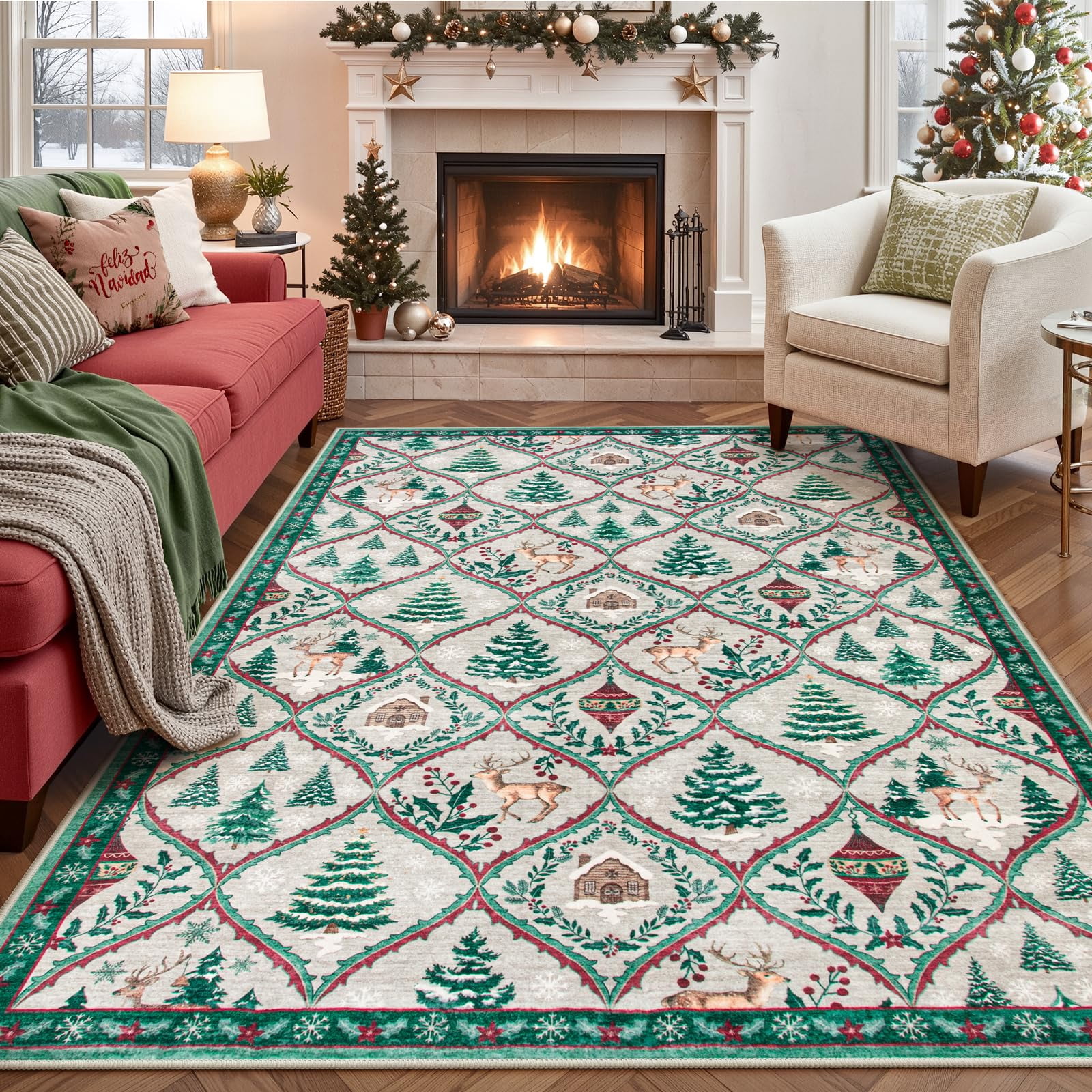 Moynesa 5'x7' Christmas Area Rug for Living Room,Cream Rug Xmas Tree ...