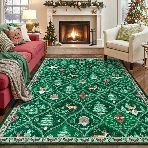 Moynesa 5'x7' Christmas Area Rug for Living Room,Green Rug Xmas Tree Modern Rug Kitchen Rug Washable Rug Non Slip Moroccan Carpet Holiday Decor Geometric Soft Accent Rug for Bedroom Dining Room