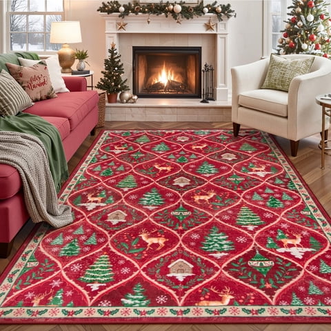 Moynesa 5'x7' Christmas Area Rug for Living Room,Red Rug Xmas Tree Modern Rug Kitchen Rug Washable Rug Non Slip Moroccan Carpet Holiday Decor Geometric Soft Accent Rug for Bedroom Dining Room