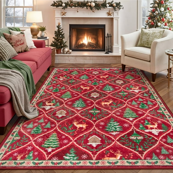 Moynesa 5'x7' Christmas Area Rug for Living Room,Red Rug Xmas Tree Modern Rug Kitchen Rug Washable Rug Non Slip Moroccan Carpet Holiday Decor Geometric Soft Accent Rug for Bedroom Dining Room