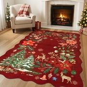 Moynesa 5'x7' Christmas Rug for Living Room, Xmas Tree Floral Rug Washable Rug Non Slip Boho Carpet Holiday Decor Soft Accent Rug for Bedroom Dining Room, Red