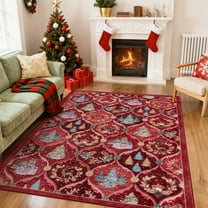 Moynesa 5'x7' Christmas Area Rug for Living Room, Xmas Tree Modern Rug Kitchen Rug Washable Rug Non Slip Moroccan Carpet Holiday Decor Geometric Soft Accent Rug for Bedroom Dining Room, Red