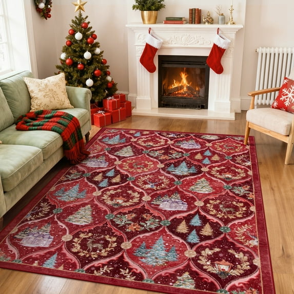 Moynesa 5'x7' Christmas Area Rug for Living Room, Xmas Tree Modern Rug Kitchen Rug Washable Rug Non Slip Moroccan Carpet Holiday Decor Geometric Soft Accent Rug for Bedroom Dining Room, Red