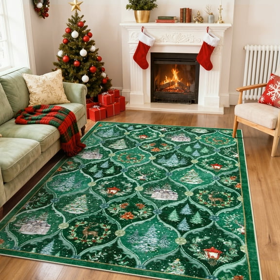 Moynesa 5'x7' Christmas Area Rug for Living Room, Xmas Tree Modern Rug Kitchen Rug Washable Rug Non Slip Moroccan Carpet Holiday Decor Geometric Soft Accent Rug for Bedroom Dining Room, Green