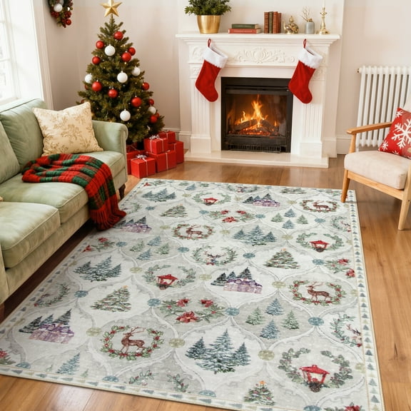 Moynesa 5'x7' Christmas Area Rug for Living Room, Xmas Tree Modern Rug Kitchen Rug Washable Rug Non Slip Moroccan Carpet Holiday Decor Geometric Soft Accent Rug for Bedroom Dining Room, Beige