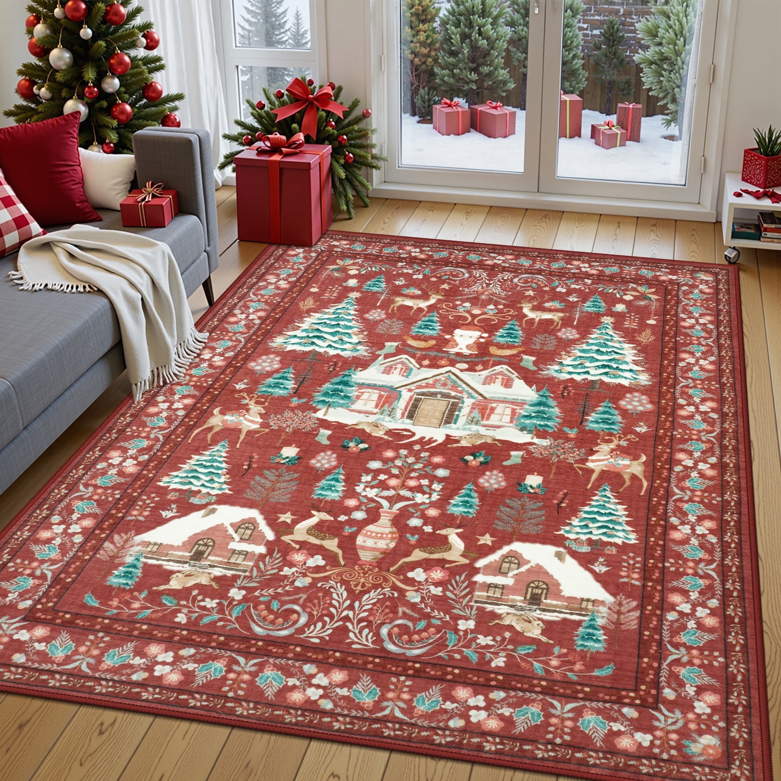 Moynesa 5'x7' Christmas Rug, Washable Non-Slip Area Rug, Soft Vintage ...