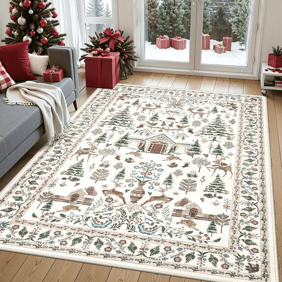 Moynesa 5'x7' Christmas Rug, Washable Non-Slip Area Rug, Soft Vintage Holiday Rug for Living Room, Dining Room, Bedroom Xmas Accent Carpet Indoor Christmas Decor, Beige