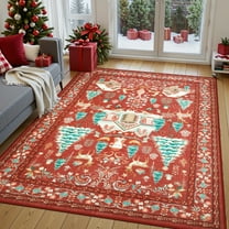 Moynesa 5'x7' Christmas Rug, Washable Non-Slip Area Rug, Soft Vintage Holiday Rug for Living Room, Dining Room, Bedroom Xmas Accent Carpet Indoor Christmas Decor, Red