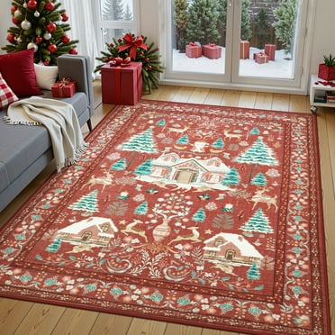 Moynesa 5'x7' Christmas Area Rugs for Living Room,Machine Washable Area Rug Xmas Boho Rug Non Slip Indoor Christmas Decorative Rug for Bedroom Dining Room,Red