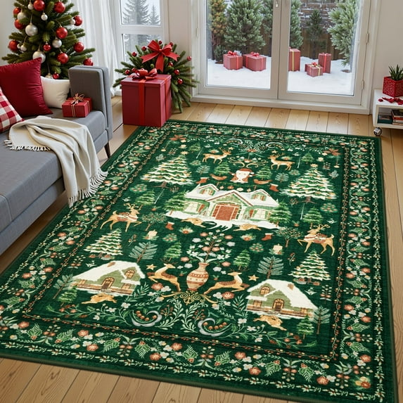 Moynesa 5'x7' Christmas Rug, Washable Non-Slip Area Rug, Soft Vintage Holiday Rug for Living Room, Dining Room, Bedroom Xmas Accent Carpet Indoor Christmas Decor, Green