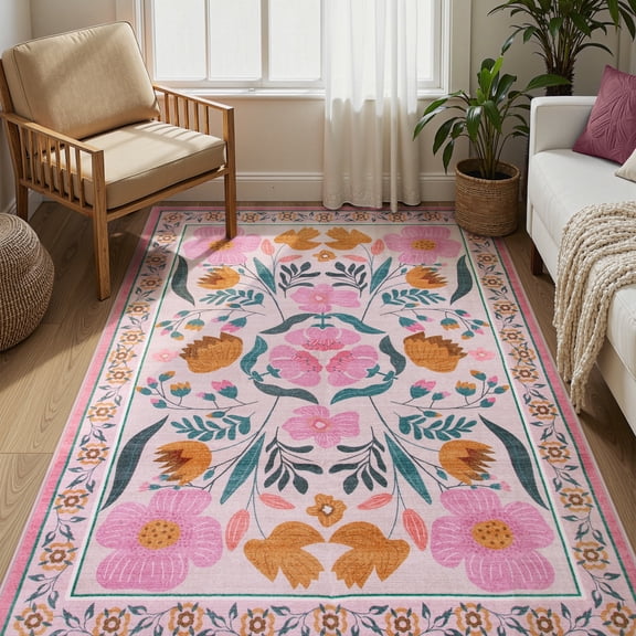 Moynesa 5'x7' Farmhouse Floral Area Rugs for Living Room, Washable Pink Coquette Rugs for Bedroom, Soft Colorful Boho Flower Accent Carpet for Dining Room Nursery Dorm Apartmen