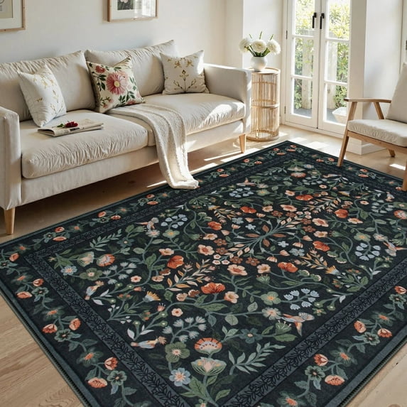 Moynesa 5'x7' Floral Area Rugs for Living Room, Washable Vintage Botanical Rugs for Bedroom, Soft Non Slip Cottagecore Flower Accent Carpet for Dining Room Dorm Apartmen, Black