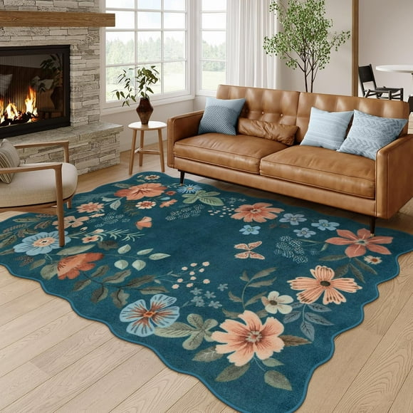 Moynesa 5'x7' Floral Living Room Rugs, Area Rugs 5x7ft Rug for Bedroom Ultra-Thin Soft Rug, Non-Slip Washable Rugs Stain Resistant Boho Rug Low-Pile Throw Rug for ‎Dining Room Office,Blue