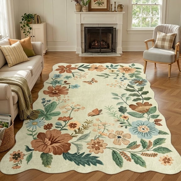 Moynesa 5'x7' Floral Living Room Rugs, Scalloped Area Rugs 5x7ft Rug for Bedroom Ultra-Thin Soft Rug, Non-Slip Washable Rugs Stain Resistant Boho Rug Low-Pile Throw Rug for Dining Room Office,Beige