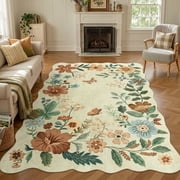 Moynesa 5x7 Floral Living Room Rugs, Scalloped Area Rugs 5x7ft Rug for Bedroom Ultra-Thin Soft Rug, Non-Slip Washable Rugs Stain Resistant Boho Rug Low-Pile Throw Rug for  Dining Room Office,Beige