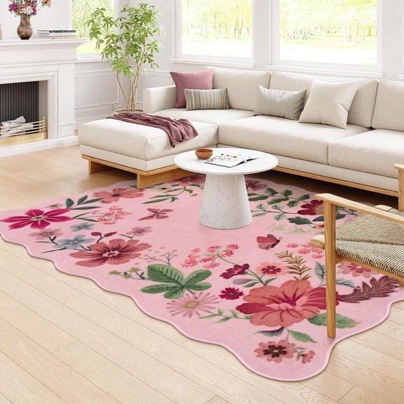 Moynesa 5'x7' Floral Living Room Rugs, Area Rugs 5x7ft Rug for Bedroom Ultra-Thin Soft Rug, Non-Slip Washable Rugs Stain Resistant Boho Rug Low-Pile Throw Rug for ‎Dining Room Office,Pink