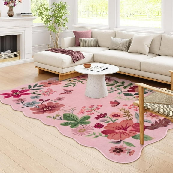 Moynesa 5'x7' Floral Living Room Rugs, Area Rugs 5x7ft Rug for Bedroom Ultra-Thin Soft Rug, Non-Slip Washable Rugs Stain Resistant Boho Rug Low-Pile Throw Rug for Dining Room Office,Pink