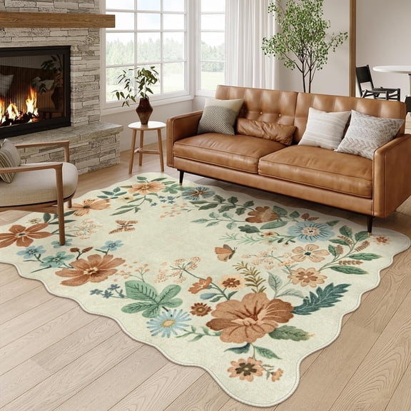 Moynesa 5'x7' Floral Living Room Rugs, Area Rugs 5x7ft Rug for Bedroom Ultra-Thin Soft Rug, Non-Slip Washable Rugs Stain Resistant Boho Rug Low-Pile Throw Rug for Dining Room Office,Beige
