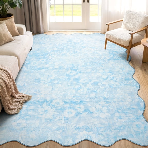 Moynesa 5'x7' Floral Scalloped Area Rugs for Living Room, Vintage Distressed Washable Rug, Cottage Boho Accent Rug for Bedroom Sunroom Playroom Dorm Office Low Pile Non Slip, Mist Blue