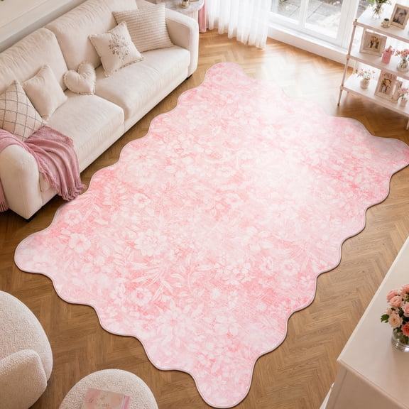 Moynesa 5'x7' Floral Scalloped Area Rugs, Cottage Washable Rug for Living Room Vintage Pink Bedroom Rug Boho Accent Rug for Dorm Apartment Playroom Office Low Pile Non Slip