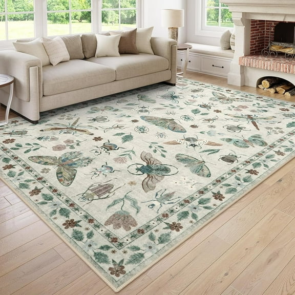 Moynesa 5'x7' Insect Print Washable Area Rugs, Soft Rugs for Living Room Ultra-Thin Non-Shedding Modern Bedroom Rug, Stain Resistant Throw Rug Large Carpet for Dining Room,Beige